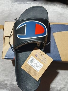 Champion Black Slide Sandals with Blue & Red Logo Accent